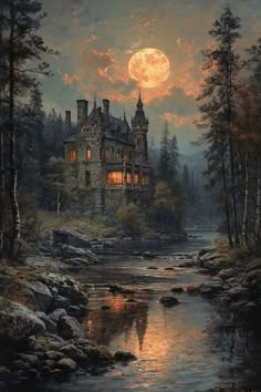 a painting of a castle in the woods with a river running through it at night