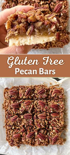 two different views of granola bars with pecans in the middle and on top