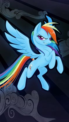 a rainbow dash flying through the air with its wings spread out and eyes wide open