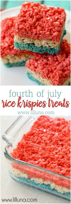 red, white and blue rice krispies treats in a glass dish with text overlay