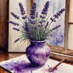 a painting of lavender flowers in a purple vase with watercolor paint on paper next to a window