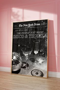 an advertisement for disco and tequila is displayed in front of a wall with pink walls