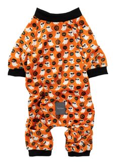 an orange and white dog print romper with black trim on the bottom, in front of a white background