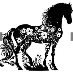 a black and white silhouette of a horse with flowers on it's back legs