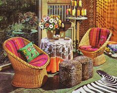 an image of a living room setting with zebra print rugs and wicker furniture