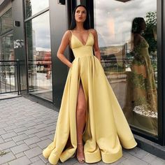 Satin Deep V Neck Long Dress · KoKo Fashion · Online Store Powered by Storenvy Yellow Evening Dresses, Satin Formal Dress, Trendy Prom Dresses, Winter Formal Dresses, Prom Dresses Yellow, Prom Dresses With Pockets, V Neck Prom Dresses, Satin Evening Dresses, Graduation Dresses