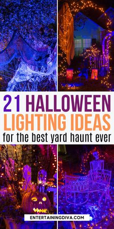 21 Halloween Lighting Ideas For The Best Yard Haunt Ever | Holidays Front Yard Halloween Lights, Witchy Porch Ideas, Hocus Pocus Outdoor Decorations, Halloween Front Yard, Halloween Lighting, Halloween Lighting Outdoor, Halloween Outside, Yard Haunt, Halloween Graveyard