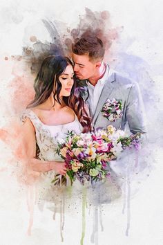 a watercolor painting of a bride and groom holding a bouquet of flowers in their hands