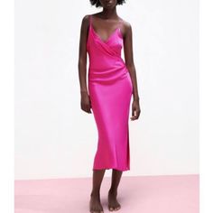 Nwt Zara Midi Dress Camisole Top Pink / Hot Pink Size S Hot Pink Midi Dress, Zara Slip Dress, Zara Midi Dress, Luxury Wear, Camisole Dress, Sleep Dress, Sling Dress, Satin Midi Dress, Pink Midi Dress