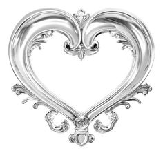 a silver heart shaped object with ornate designs on the front and back sides, set against a white background