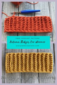 two crocheted headbands with the text free crochet pattern autumn ridge for women