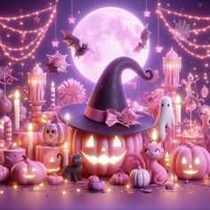 a halloween scene with pumpkins, candles and decorations