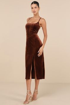 Gorgeous Composure Brown Velvet Lace-Up Sleeveless Midi Dress Flamboyant Natural, Dresses Brown, Deep Autumn, Column Skirt, Velvet Midi Dress, Dress Velvet, Adhesive Bra, Brown Velvet, Sleeveless Midi Dress