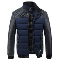 Punk Streetwear Mandarin Collar Pu LeathPatchwork ZippPocket Quilted Jacket Collar Detachable, Men Parka, Stand Collar Jackets, Parka Style, Mens Parka, Winter Jacket Men, Mens Winter Fashion, Warm Jacket, Winter Coats