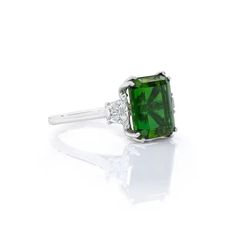 7.70 Carats Emerald Cut Chrome Tourmaline and Trapezoid Diamond 3 Stone Ring For Sale at 1stDibs Chrome Tourmaline, 3 Stone Ring, 3 Stone Rings, Three Stone Rings, Three Stone, Stone Ring, Emerald Cut, Stone Rings, Tourmaline