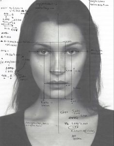 a woman's face is shown in front of a drawing with lines on it