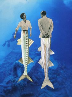 two men standing next to each other in the water with fish on their backs and legs