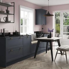 Pink Walled Kitchen, Navy Kitchen Pink Walls, Blue And Pink Kitchen Decor, Blush Pink And Navy Kitchen, Pink Blue Kitchen Decor, Navy And Blush Kitchen, Pink Walls Kitchen Ideas, Navy Blue And Pink Kitchen