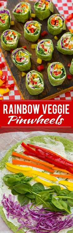 rainbow veggie pinwheels on a plate with red and white checkered table cloth