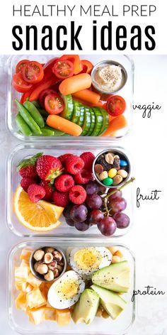 healthy meal prep snack ideas in plastic containers with fruit, vegetables and nuts on top