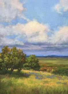 an oil painting of a field with trees and clouds in the distance, on a sunny day