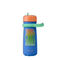 a blue and orange water bottle with an orange top on it's side, against a white background