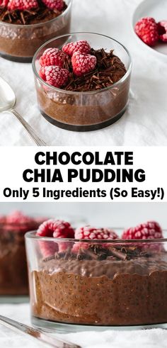 chocolate chia pudding with raspberries in a glass bowl