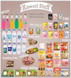 an image of various foods and drinks in different languages on a white background with the words kawaii stuff written below it