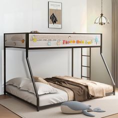 there is a bunk bed with a ladder on the bottom and a mattress underneath it