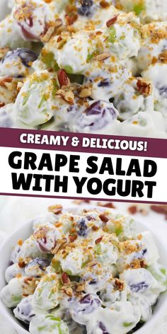 a white bowl filled with grapes salad on top of a wooden cutting board next to a red and white sign that reads creamy & delicious grape salad with yogurt