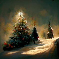 a painting of christmas trees on a snowy road with the sun shining through the clouds