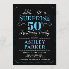 surprise 50th birthday party card with blue and black lettering on the front, featuring an elegant