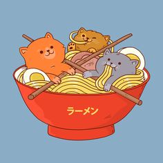 three cats are sitting in a bowl of noodles