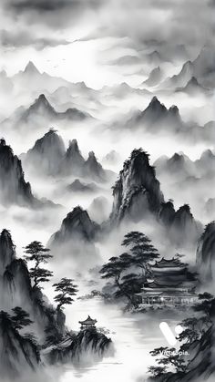 Chinese Art Black And White, Japanese Ink Painting Landscape, Japanese Painting Landscape, Japanese Mountain Art, Chinese Painting Tattoo, Japanese Mountains, Ear Tattoo Ideas, Ear Tattoos