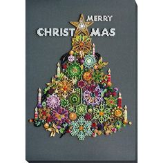 a christmas tree made out of buttons on a gray background with the words merry christmas