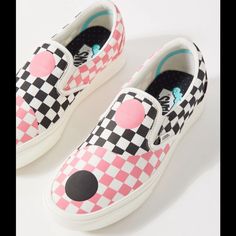 Yin Yang Checkerboard Print Canvas; Rubber New In Box Pink Vans Sneakers With Vulcanized Sole, Trendy Pink Skate Shoes For Skateboarding, Pink Vans Slip-on Sneakers, Pink Slip-on Vans Sneakers, Pink Vans Sneakers For Skateboarding, Pink Vans Skateboarding Sneakers, Pink Slip-on Skate Shoes With Vulcanized Sole, Vans Pink Skate Shoes With Rubber Sole, Vans Pink