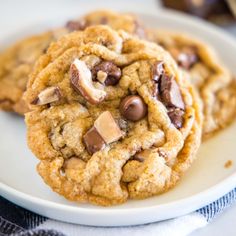 two chocolate chip cookies on a white plate