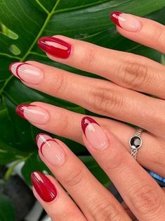 Red French Tip Nails Almond With Design, Oval Nails Red Design, Neutral Nails With Red Design, Ruby French Tip Nails, Red Acrylic Nails Round Long, Red Nails With Tips, Nails Matching Red Dress, Red Subtle Nails, Red Wedding Nails Bridesmaid