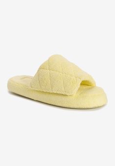 Wear your way of life in MUK LUKS® Toweling Slippers. These vibrant slides cushion feet with foam insoles while the soft terry toweling keeps you feeling just right all day long. Wipe with damp cloth. Do not bleach. Lay flat to dry. Imported.80% Polyester, 20% Cotton Upper80% Polyester, 20% Cotton LiningTPR OutsoleFoam Insole FootbedSlipper available in sizes US Women's Sizes S (5-6), M (7-8), L (9-10), XL (11-12) | Women's Oriole Slipper by MUK LUKS in Yellow (Size M(7/8)) Yellow Slippers, Trendy Slippers, Tunic Tank Tops, Swimsuits For All, Bra Lingerie, Way Of Life, Cocktail Dress Party, 9 And 10, Lay Flat