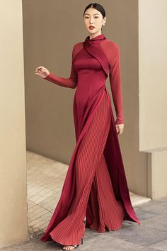 Women's Smiling A-line Long Sleeved Silk Chiffon Floor Length Ao Dai S/M/L Pink Fuchsia MEAN BLVD