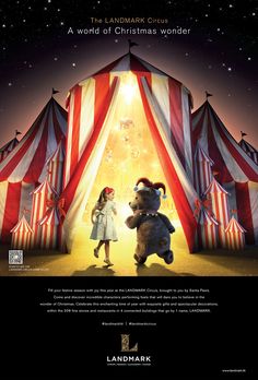 an advertisement for the landmark circus featuring two teddy bears and a girl standing in front of a tent