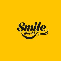 the words smile world are written in black ink on a yellow background, and it is also