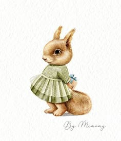 a watercolor painting of a rabbit in a green dress