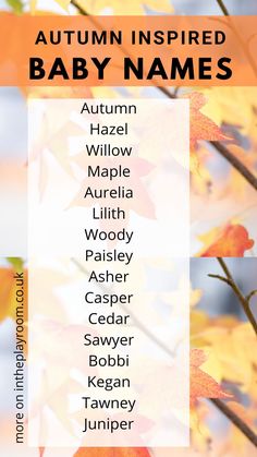 an autumn inspired baby names poster with leaves on the branch and in the background, there is