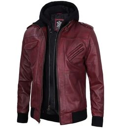 Redefine Bold Elegance with Versatile Comfort
Command attention with our Men’s Maroon Bomber Leather Jacket with Removable Hood. This jacket brings together striking design and practical features, ideal for the men who values both flair and functionality. Red Winter Biker Jacket, Burgundy Leather Winter Outerwear, Fitted Burgundy Biker Jacket For Winter, Peplum Leather Jacket, Asymmetrical Leather Jacket, Racer Jackets, Essential Wardrobe Pieces, Varsity Jacket Women, Distressed Leather Jacket