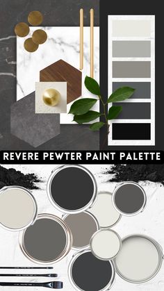 several different shades of paint and brushes on a white surface with text that reads revere pewer paint palette