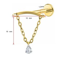 a gold chain with a diamond hanging from it's end, and measurements for the length