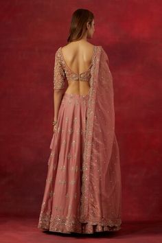 Dusty pink chanderi silk woven lehenga with an attached cancan, hand embroidered floral buttis with aari, sequins and cutdana. Comes with matching embroidered padded net blouse and  scalloped work dupatta. - Aza Fashions Pink Art Silk Pre-draped Saree For Reception, Pink Gota Work Pre-draped Saree For Reception, Pink Pre-draped Saree With Gota Work For Reception, Pink Raw Silk Pre-draped Saree For Reception, Pink Floor-length Pre-draped Saree For Eid, Pink Floor-length Pre-draped Saree With Dori Work, Pink Floor-length Pre-draped Saree With Cutdana, Floor-length Pink Raw Silk Choli, Pink Floor-length Raw Silk Sharara