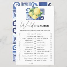 a blue and white printable wedding game with lemons on the side, which reads wild she rather