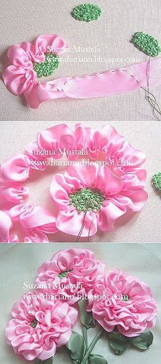 pink flowers with green leaves on the side and in the middle, are being sewn together